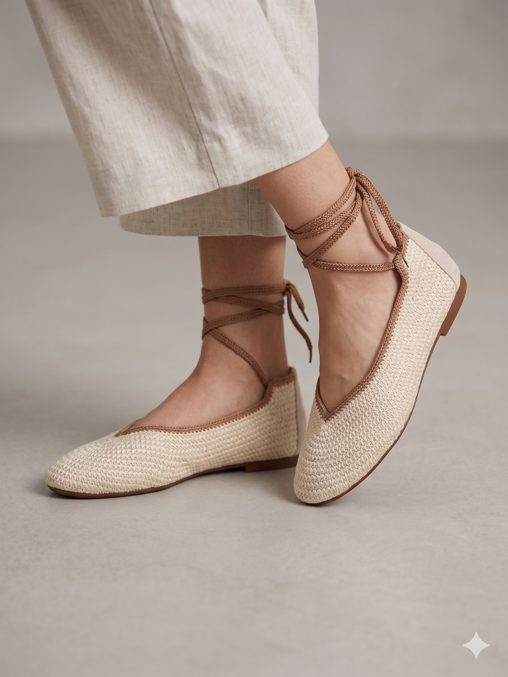 Sapatilhas Rasas Stephan Paris Tipo Alpergata Mulher Bege; Sapatos de Atar no Tornozelo Estilo Casual em Tecido Entrançado Camurça Confortáveis