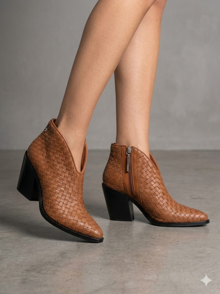 Botins Femininos Gioseppo em Pele Caramelo Estilo Western, Ankle Boot com Salto Bloco Confortável e Bico Fino, Botas de Cano Curto Premium com Fecho Lateral