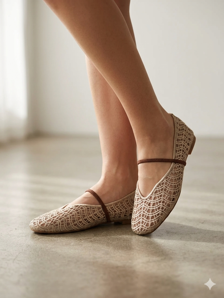 Sapatilhas de senhora em crochê bege Ideal Shoes, sabrinas rasas confortáveis com tira, sapatos casuais de verão respiráveis, novos e elegantes.