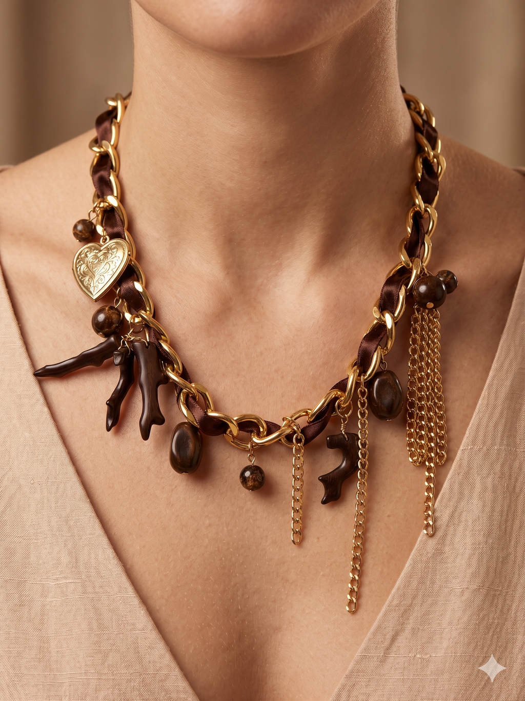 Colar de Corrente Dourada com Fita de Cetim Castanha; Gargantilha Feminina com Pendentes de Coração e Pedras; Bijuteria Elegante Estilo Boho para Senhora