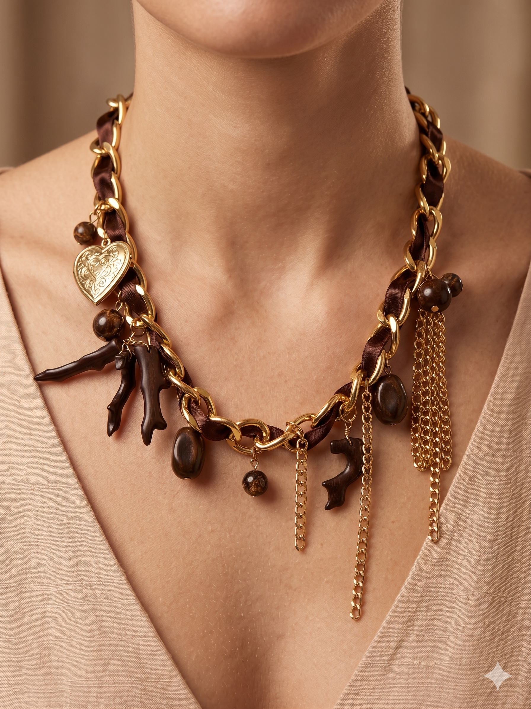 Colar de Corrente Dourada com Fita de Cetim Castanha; Gargantilha Feminina com Pendentes de Coração e Pedras; Bijuteria Elegante Estilo Boho para Senhora
