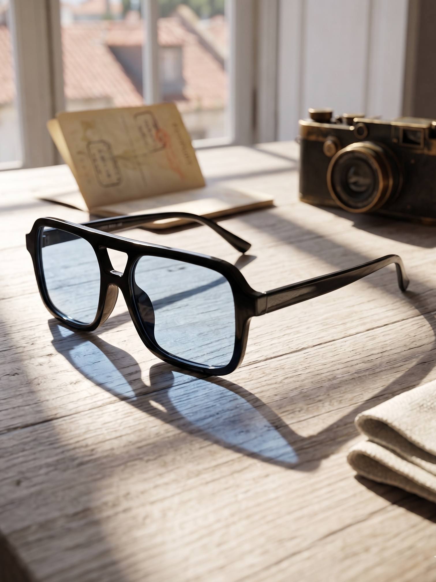 Óculos de Sol Quadrados Pretos com Lentes Azuis Unissexo; Óculos Estilo Aviador Moderno com Armação Grossa e Barra Dupla; Acessório de Moda Casual com Proteção UV