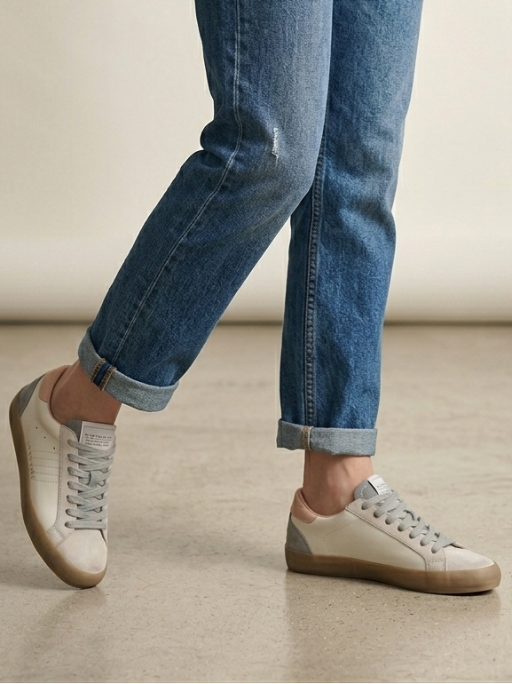 Sapatilhas Corina Femininas de Pele e Camurça cinza; Ténis Casuais Confortáveis Estilo Urbano Retro Azul e Rosa; Sapatos de Desporto Brancos com Sola de Borracha Camelo