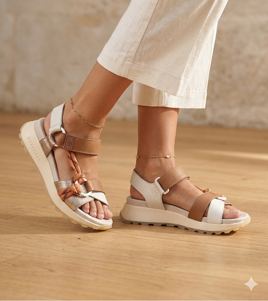 Sandálias Hispanitas Senhora Couro Branco e Castanho Com Plataforma, Sandália Desportiva Ergonómica de Cunha Confortável Casual Com Corda e Fivela, Calçado Moda Feminina Verão