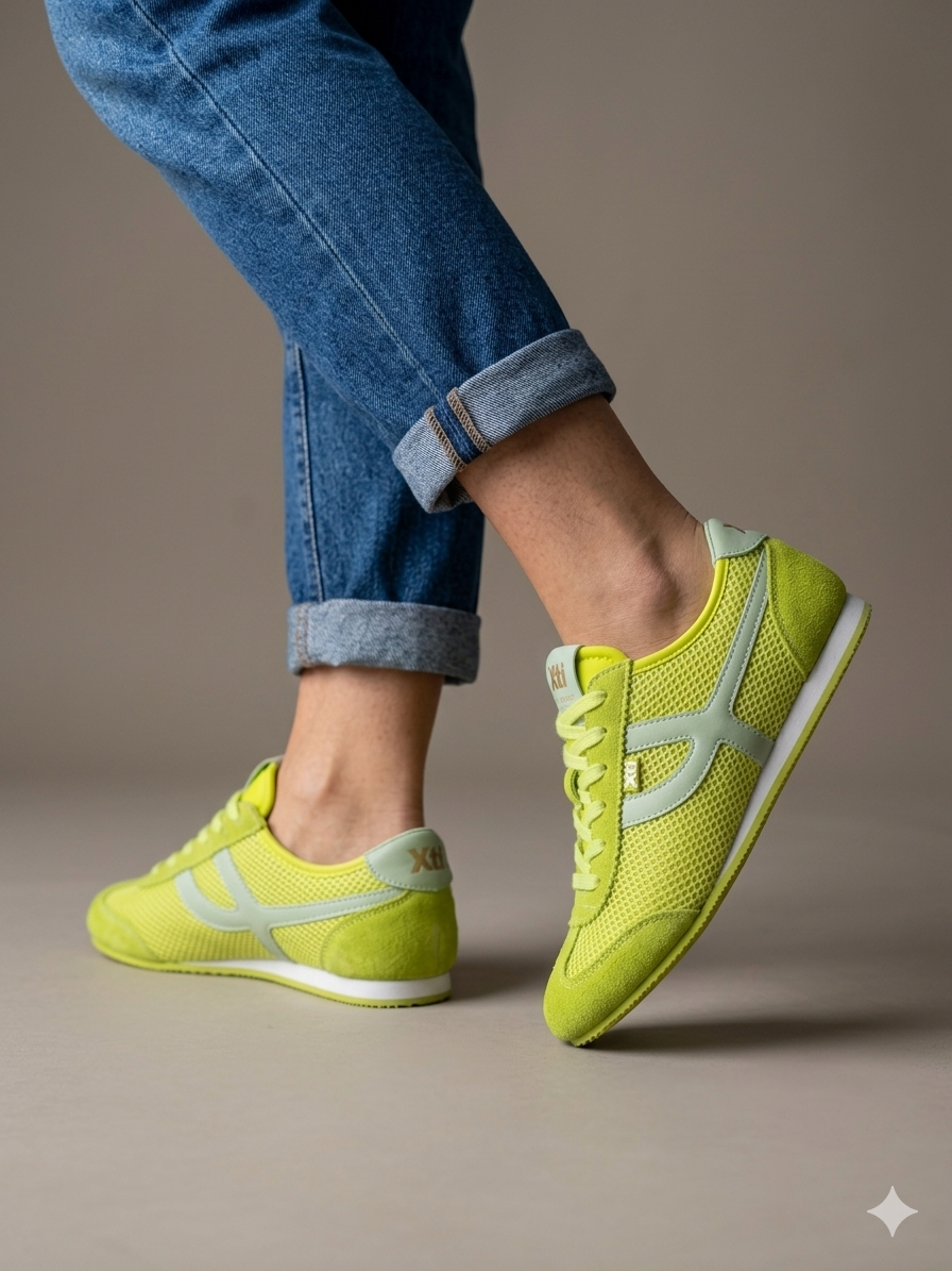 Ténis Femininos Xti em Verde neon; Sapatilhas Desportivas Urbanas em Malha e Camurça; Calçado Casual Confortável com Detalhes Dourados e Design Moderno