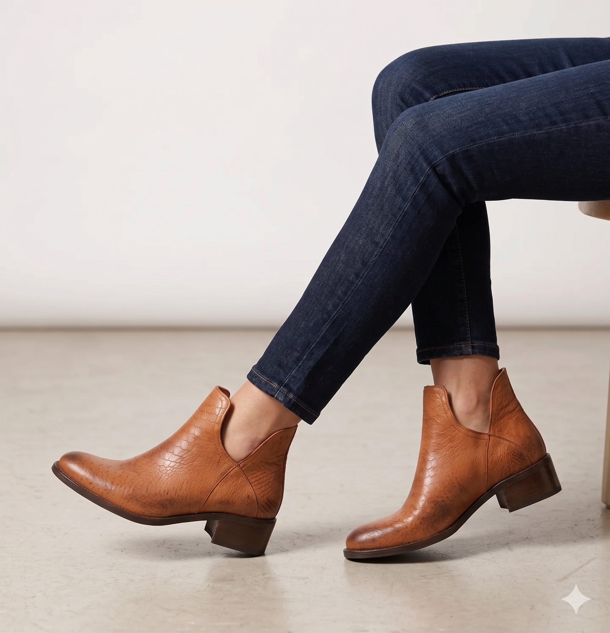 Botins Femininos Macadi em Pele Caramelo com Textura Croco, Botas de Cano Curto com Recorte em V e Salto Bloco Baixo, Estilo Casual Chique e Confortável