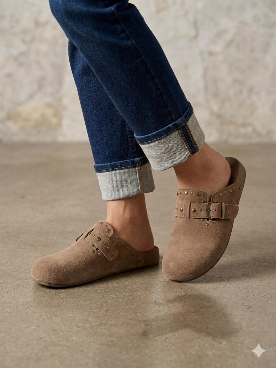 Socas de Camurça Bege Femininos Xti; Mules Confortáveis Estilo Boston com Fivela e Tachas; Chinelos Fechados Casuais de Verão