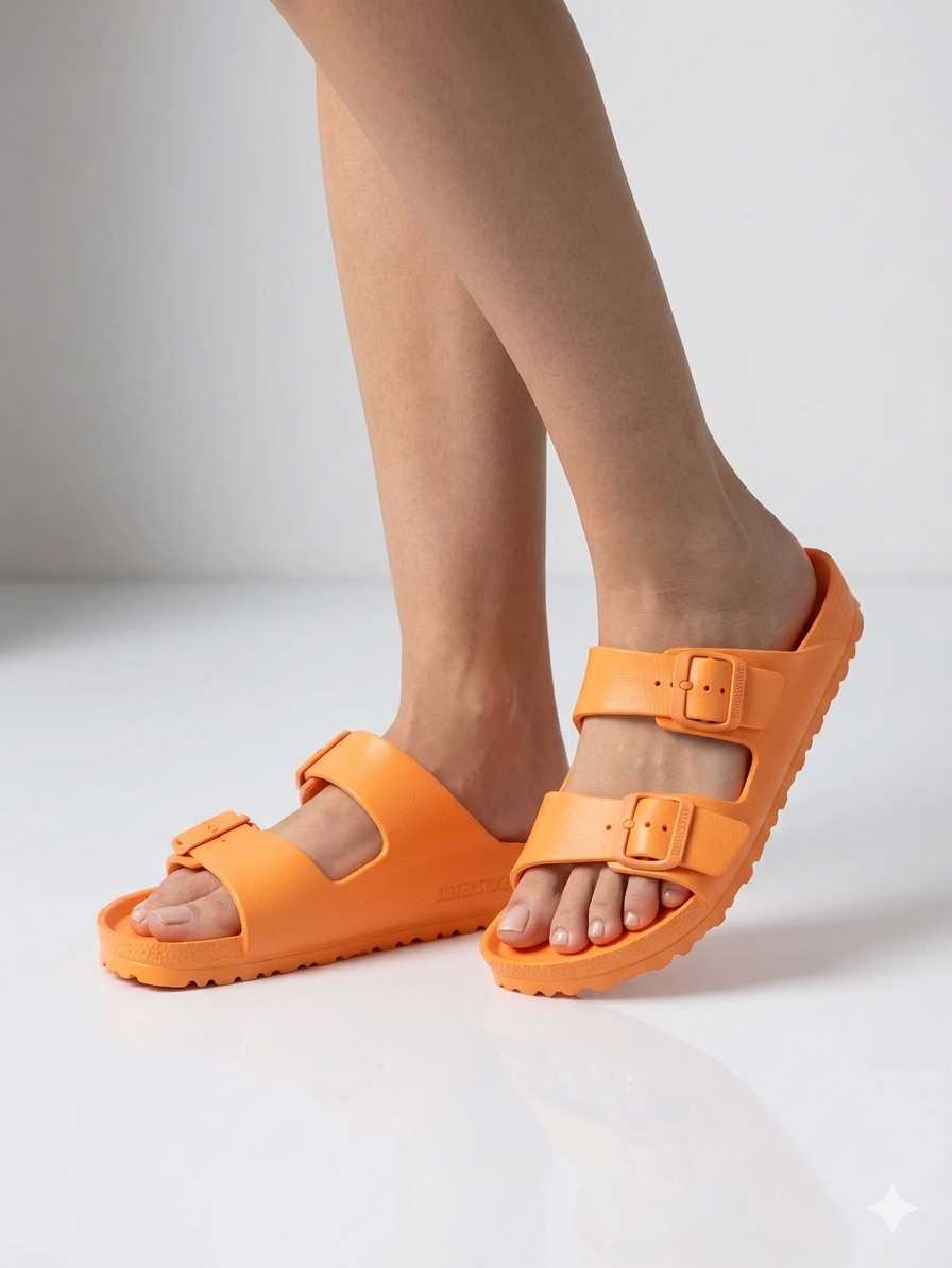 Sandálias Birkenstock Arizona EVA originais com fivelas ajustáveis, chinelos confortáveis de verão para homem e mulher, cor Orange Laranja Neon, material ultraleve e resistente à água, calçado ideal para praia e lazer