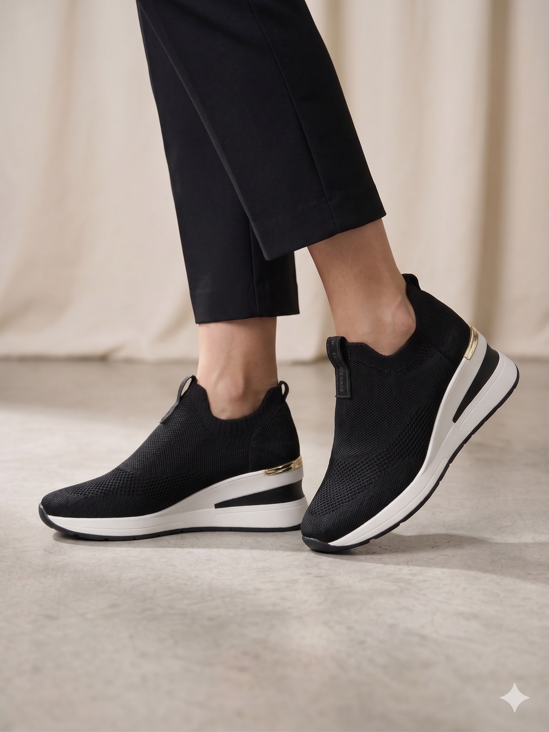 Sapatilhas Xti slip-on sem atacadores pretas com cunha e detalhe dourado; ténis de senhora em malha elástica confortáveis; calçado feminino moderno e leve para o dia a dia