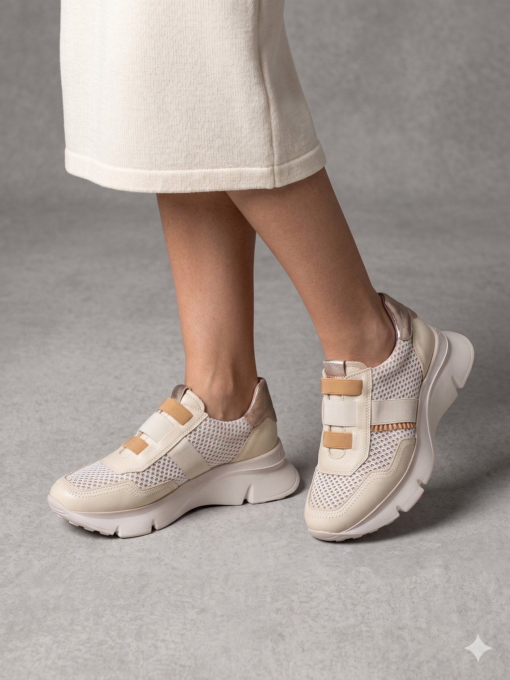Sapatilhas Hispanitas Mulher Bege e Rose Gold; Ténis de Plataforma Casual em Pele com Malha Respirável; Calçado Confortável Sem Atacadores tiras Castanho Camel