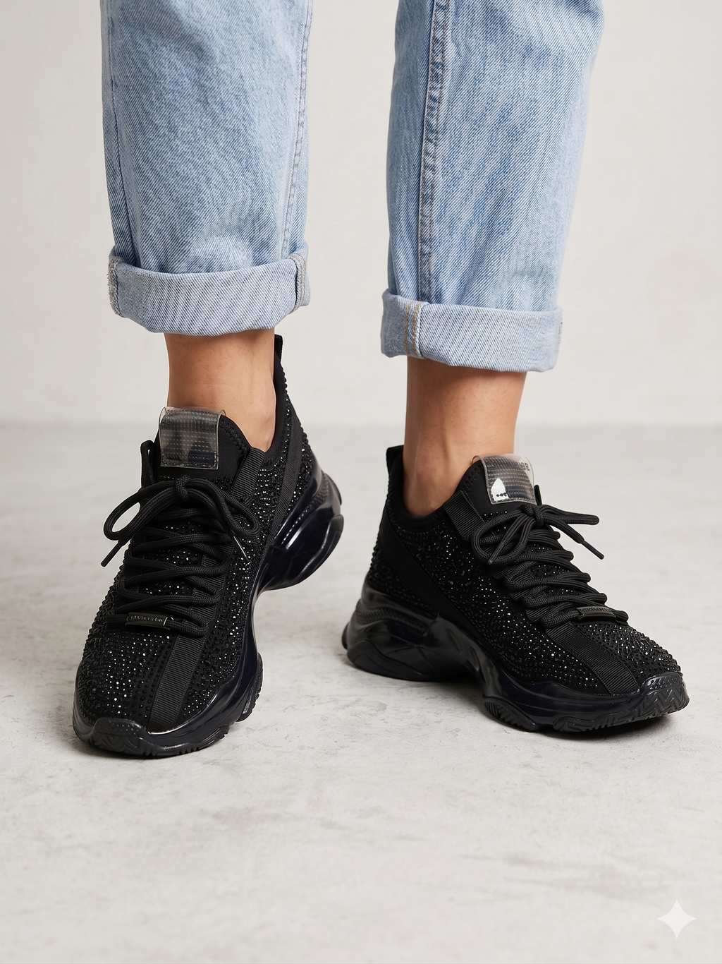 Ténis Steve Madden Preto Brilhante Mulher; Sapatilhas Plataforma com Brilhos Chunky; Calçado Desportivo Feminino Confortável Casual; Moda Portugal Trendy
