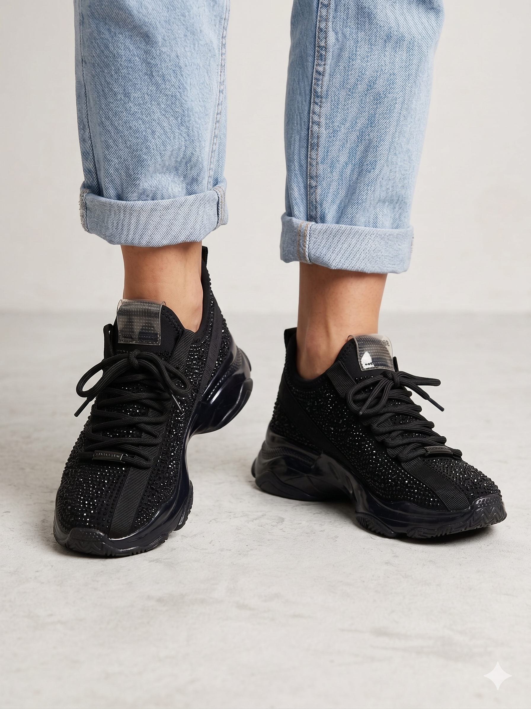 Ténis Steve Madden Preto Brilhante Mulher; Sapatilhas Plataforma com Brilhos Chunky; Calçado Desportivo Feminino Confortável Casual; Moda Portugal Trendy