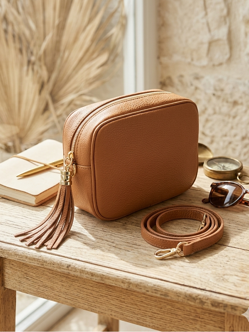 Mala de Senhora de Tiracolo, Transversal e de Ombro, em Pele Sintética com Textura de Grão, Cor Castanho Camel Tan, com Borla Tassel Decorativa e Fechos Metálicos Dourados, Estilo Câmera Bag Clássica e Elegante, Design Italiano, Perfeita para Uso Diário