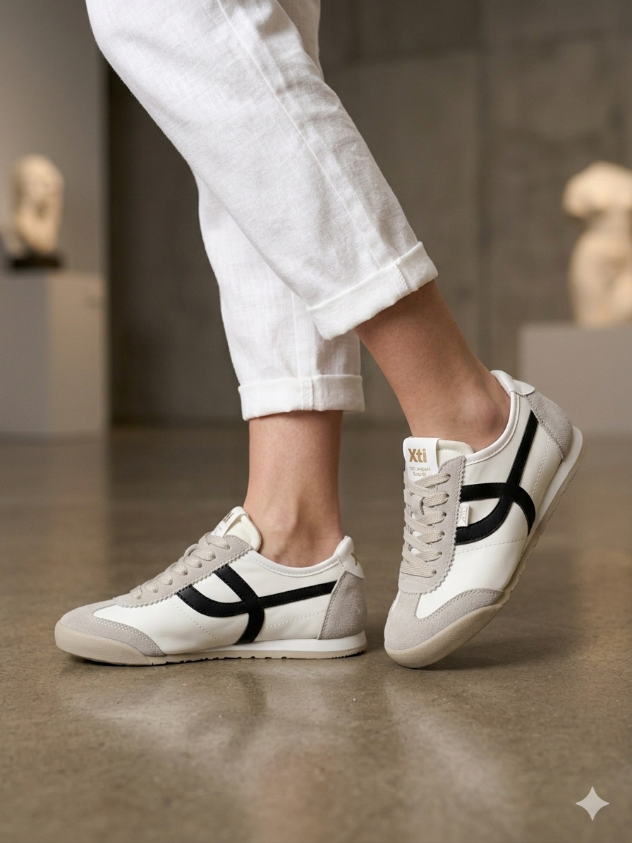 Ténis Femininos Xti em Branco e preto; Sapatilhas Desportivas Urbanas em Malha e Camurça; Calçado Casual Confortável com Detalhes cinza e Design Moderno