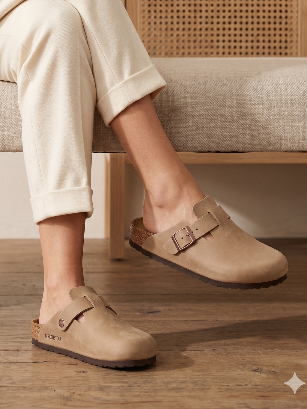 Sapatos Birkenstock Boston BS Tabacco Brown Bege casuais de camurça com fivela ajustável, socos confortáveis com sola de cortiça ergonómica, calçado unissexo estilo clássico para uso diário