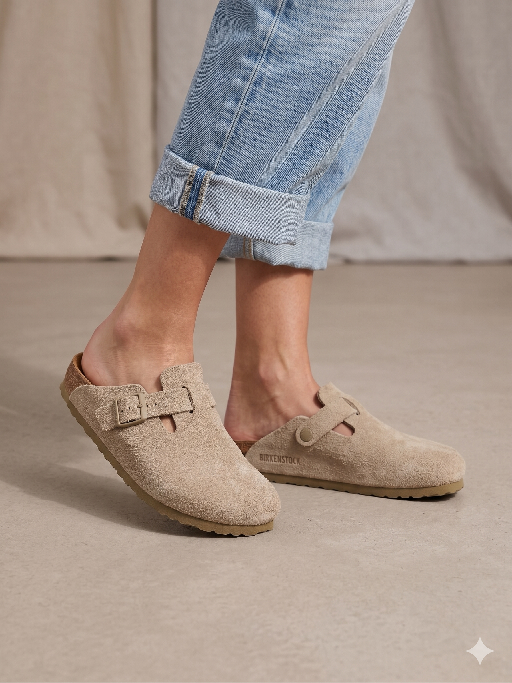 Sapatos Birkenstock Boston BS Faded Khaki Verde Cinza Bege tipo socos casuais em camurça, socos confortáveis com fivela ajustável e sola de cortiça, calçado unissexo estilo boho para outono e inverno