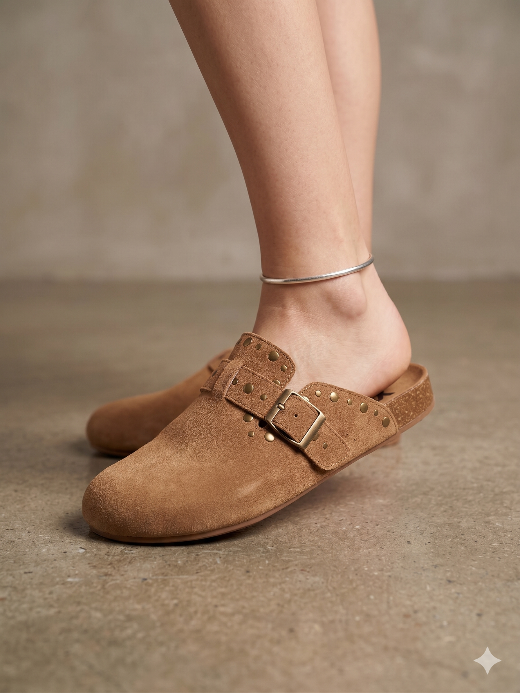 Socas de Camurça Castanho Camel Femininos Xti; Mules Confortáveis Estilo Boston com Fivela e Tachas; Chinelos Fechados Casuais de Verão