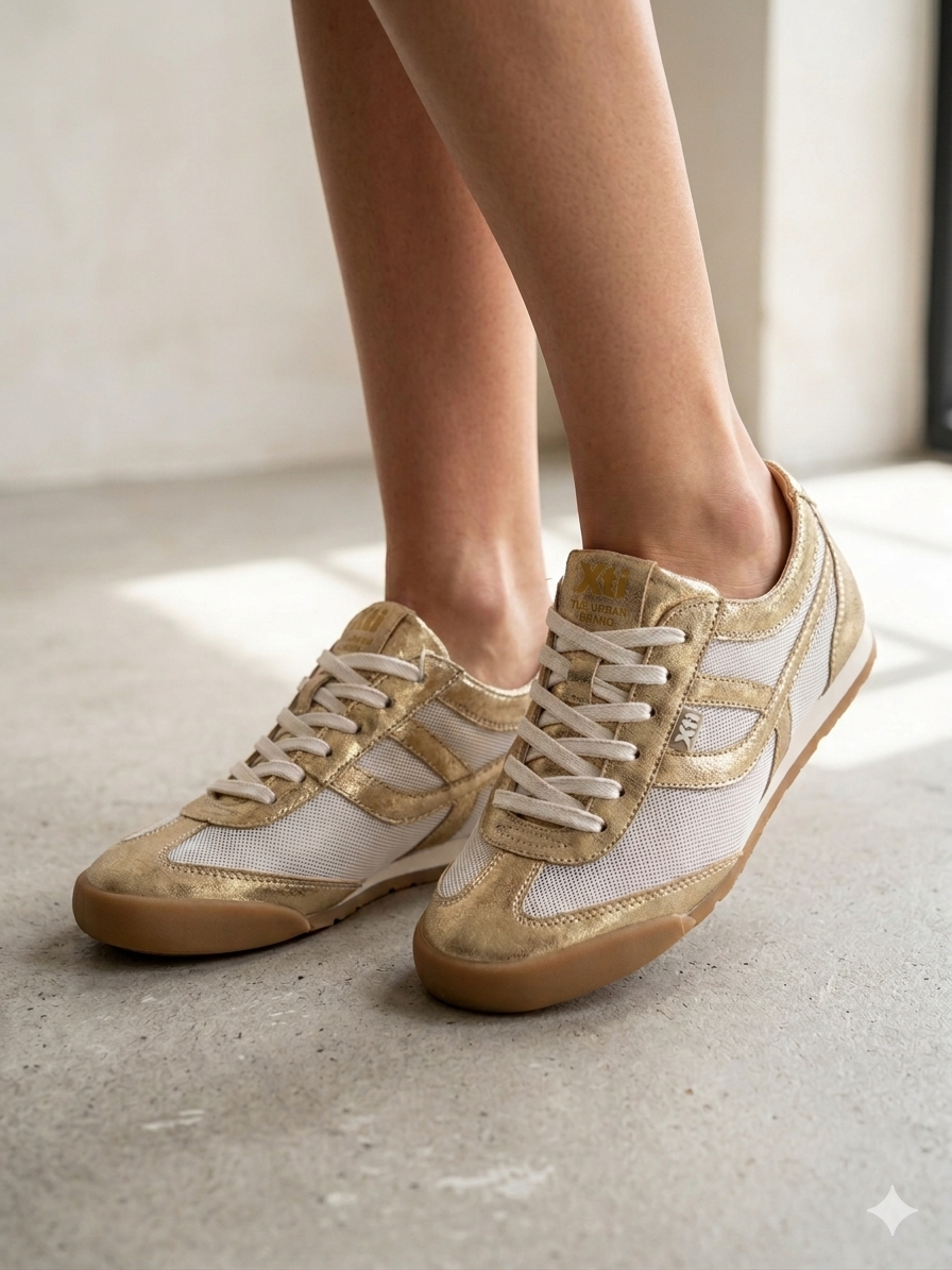 Ténis Femininos Xti em Branco e dourado; Sapatilhas Desportivas Urbanas em Malha e Camurça; Calçado Casual Confortável com Design Moderno