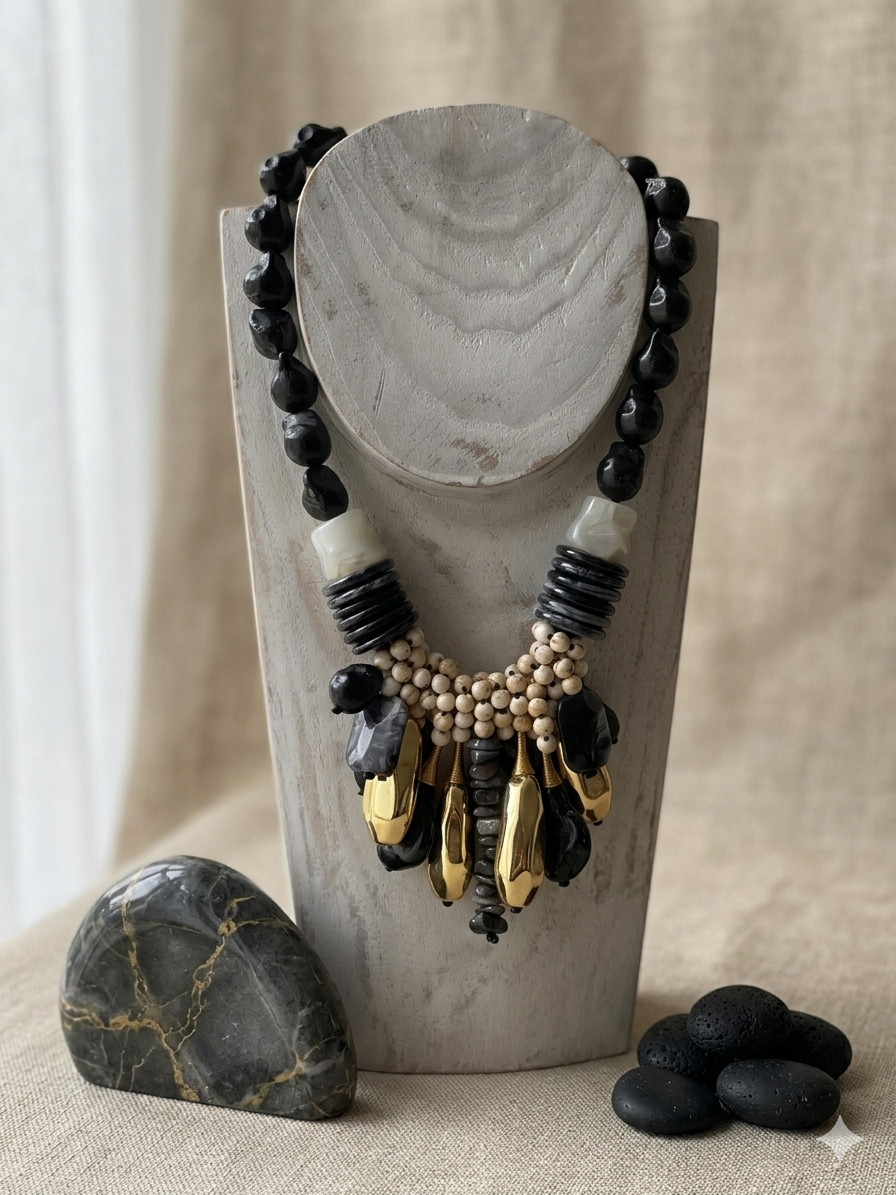 Colar Feminino de Declaração Boho Chic; Gargantilha Étnica com Pedras Pretas e Detalhes Dourados; Acessório de Moda Elegante para Festa e Eventos; Bijuteria Artesanal de Luxo com Corrente Ajustável