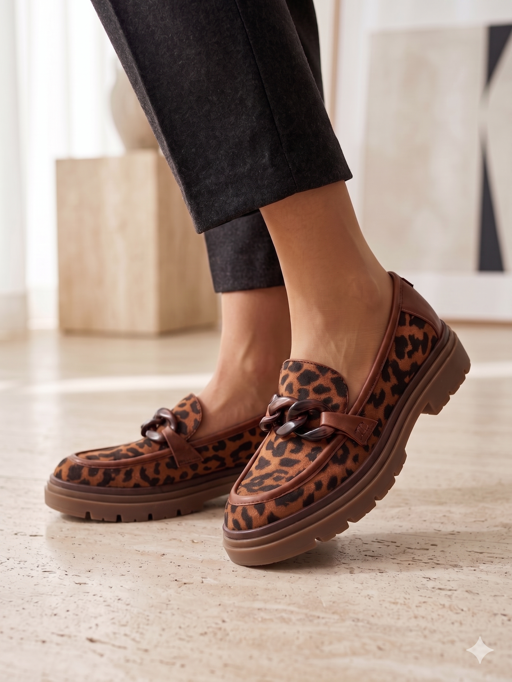 Sapato Mocassim Feminino Refresh Animal Print Leopardo; Loafers com Detalhe de Corrente e Sola Tratorada; Calçado Confortável Estilo Moderno Casual Portugal