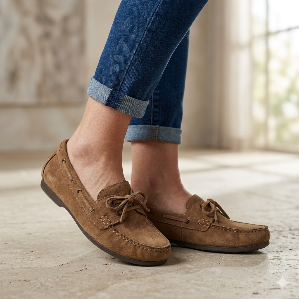 Mocassim Feminino Corina em Camurça com Laço; Sapato Casual Confortável Estilo Náutico Marrom Camel