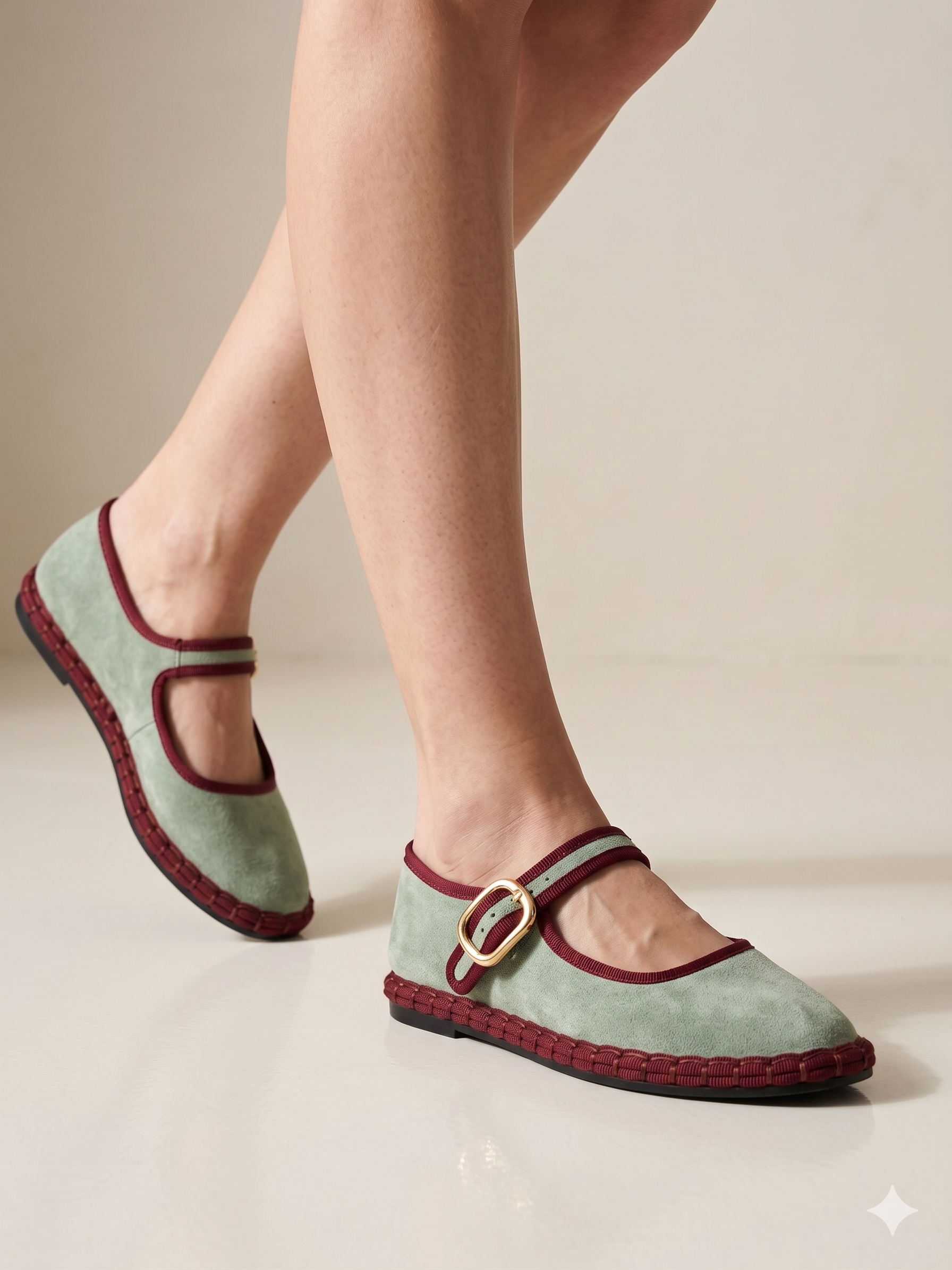 Sapatos Buonarotti Mary Jane em camurça verde com debrum bordeaux; sabrinas de senhora elegantes com fivela dourada; calçado feminino raso e confortável estilo boho chic