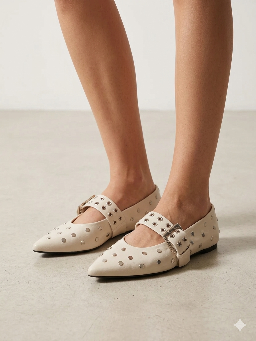 Sapatos Mary Jane Corina Bege Creme com Tachas e Fivela; Sabrinas de Ponta Fina Elegantes para Senhora.