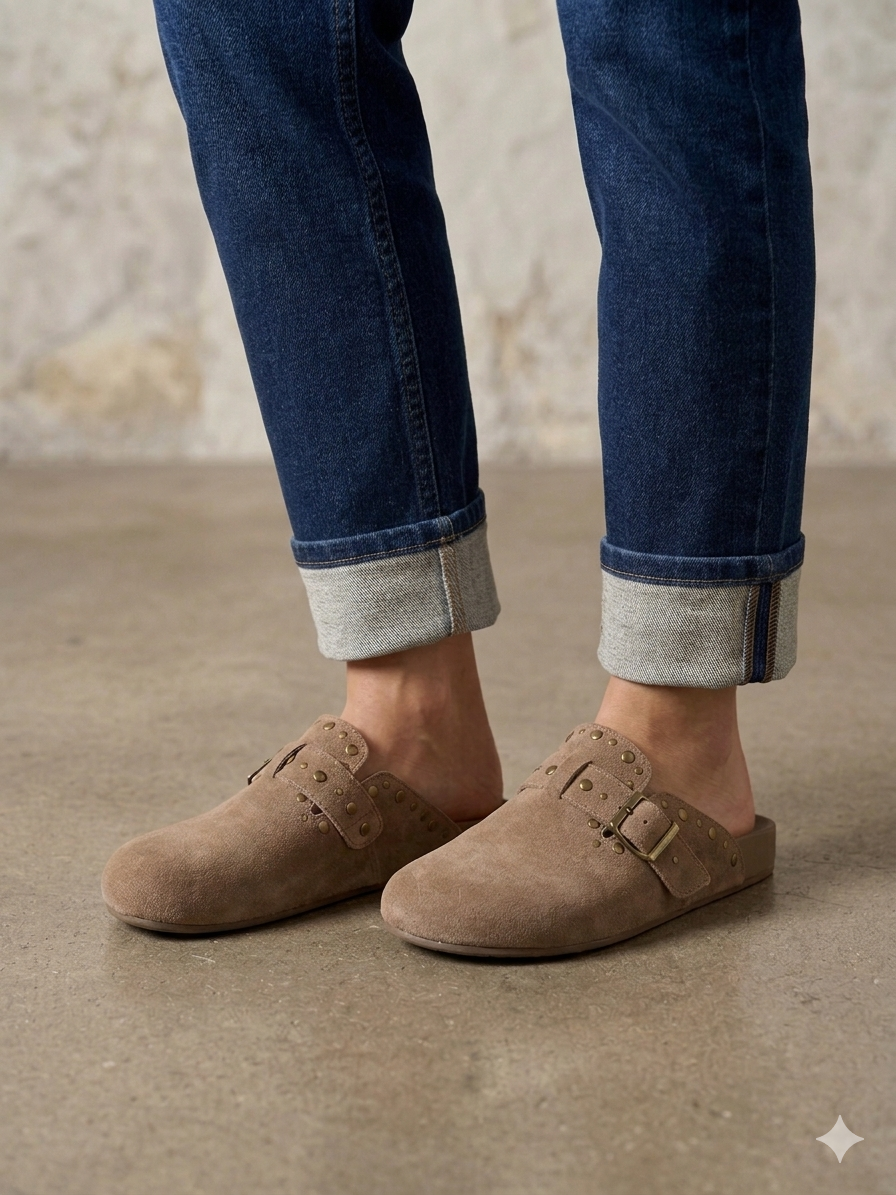 Socas de Camurça Bege Femininos Xti; Mules Confortáveis Estilo Boston com Fivela e Tachas; Chinelos Fechados Casuais de Verão