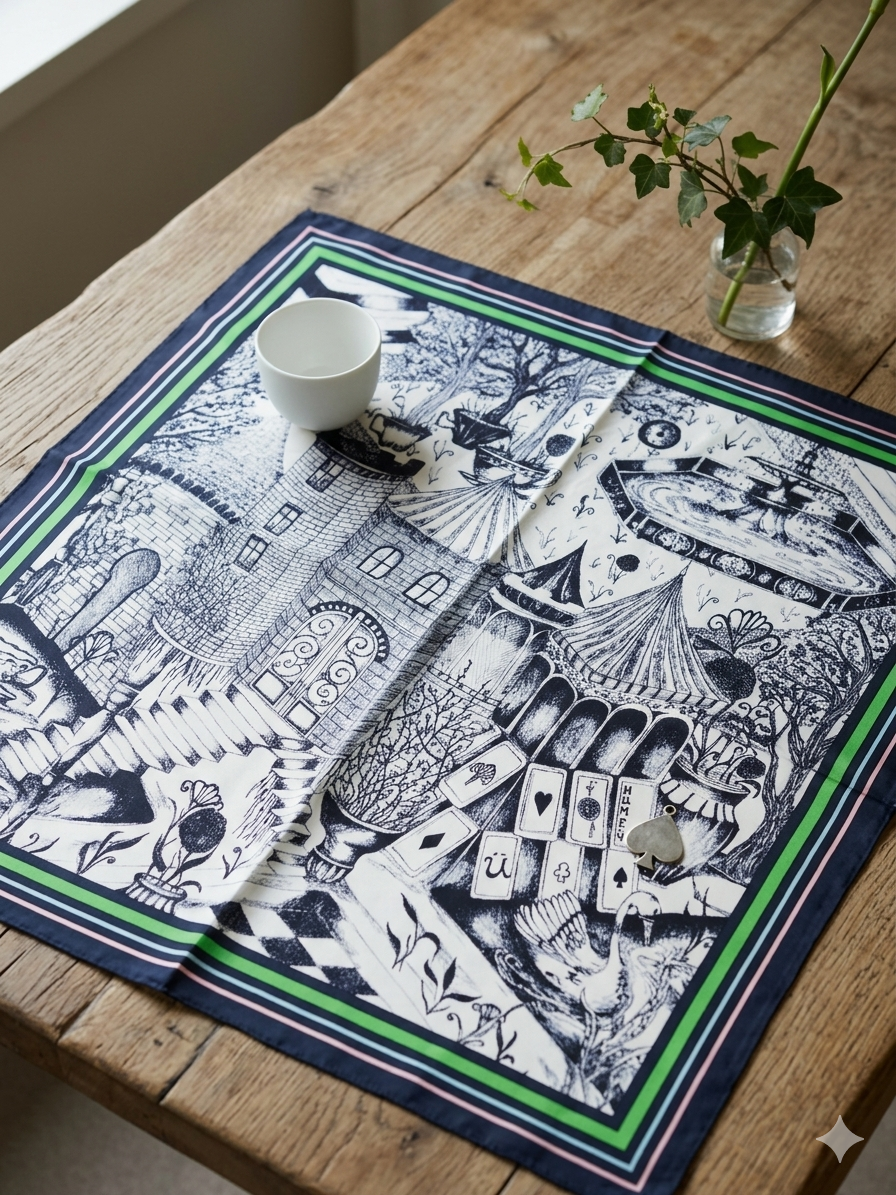 Lenço de Seda Quadrado Feminino Azul marinho e Branco com Bordas Coloridas Verde Azul Rosa ; Echarpe Acetinada com Estampa Ilustrada Vintage; Acessório de Moda Versátil Elegante