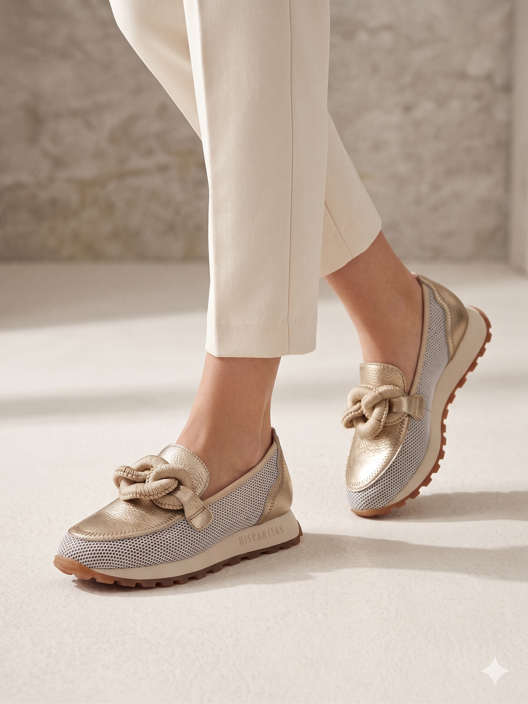 Mocassins Hispanitas Mulher Dourado; Sapatos Mocasins Desportivos em Pele com Malha Respirável e Detalhe de Corrente Intercalada Confortáveis