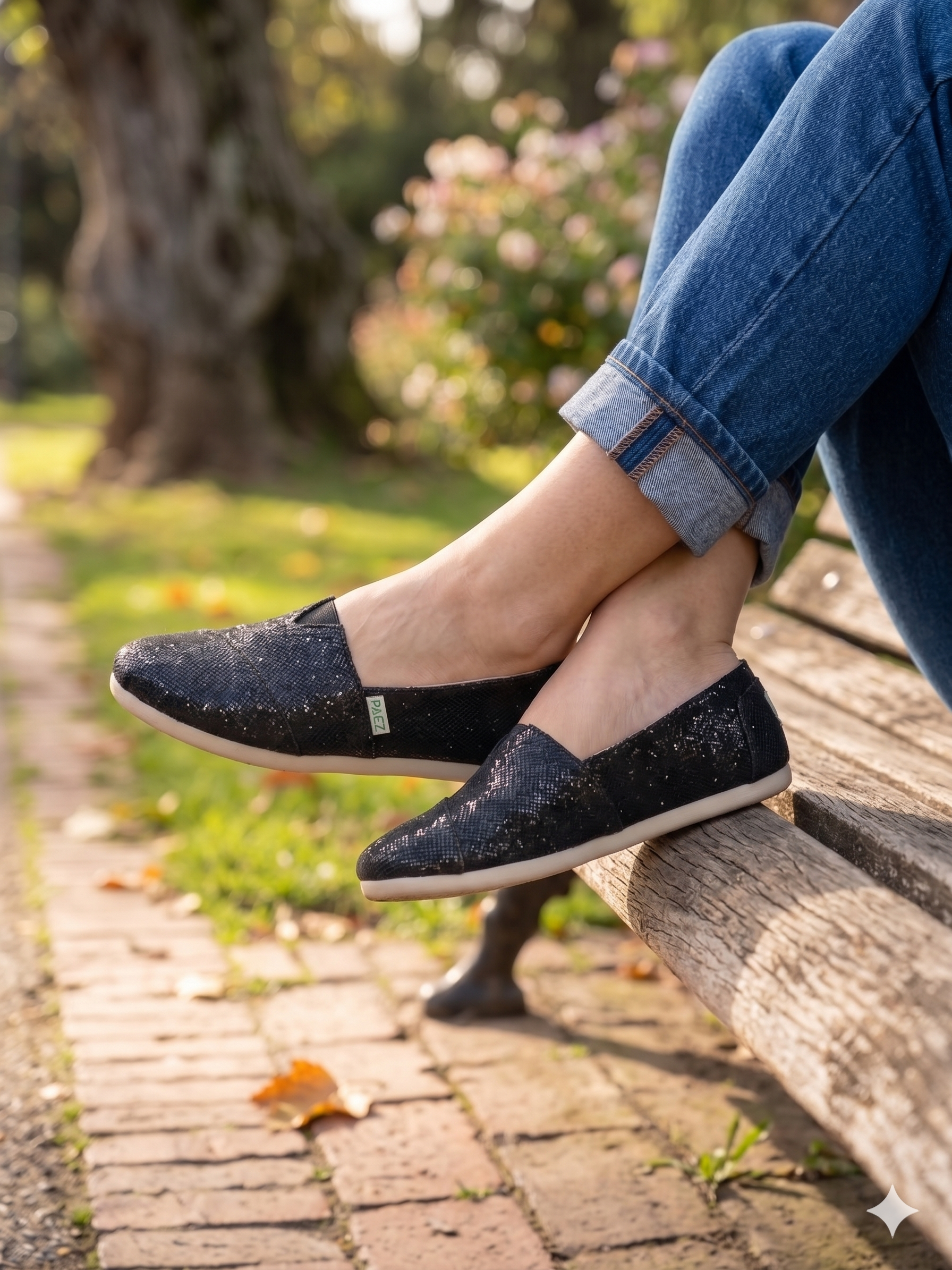 Alpargatas Femininas Paez Pretas com Brilho; Sapatos de Lona Estilo Slip-on com Glitter; Calçado Casual Confortável e Leve; Alpargatas Clássicas Modernas com Sola de Borracha Branca