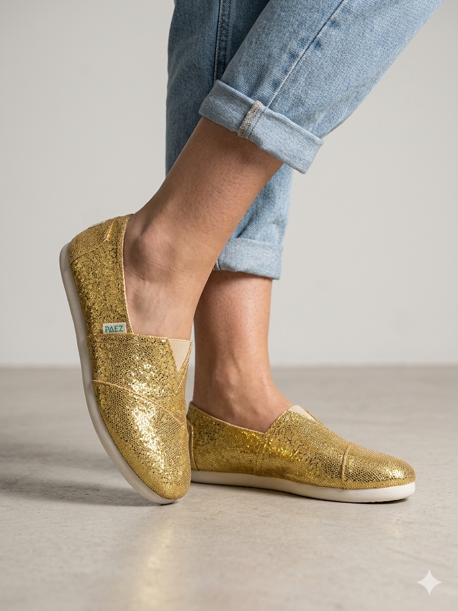 Alpargatas Paez Femininas Douradas com Glitter Brilhante; Sapatos Casuais de Verão Estilo Slip On Confortáveis; Calçado de Moda para Festa e Eventos Sociais