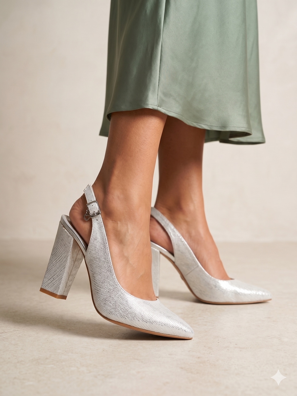 Sapatos de Salto Alto Slingback Prateados com Brilho Macadi; Calçado Feminino Elegante para Noiva e Cerimónia; Escarpins de Salto Grosso Confortáveis com Fivela de Coração Moda Portugal
