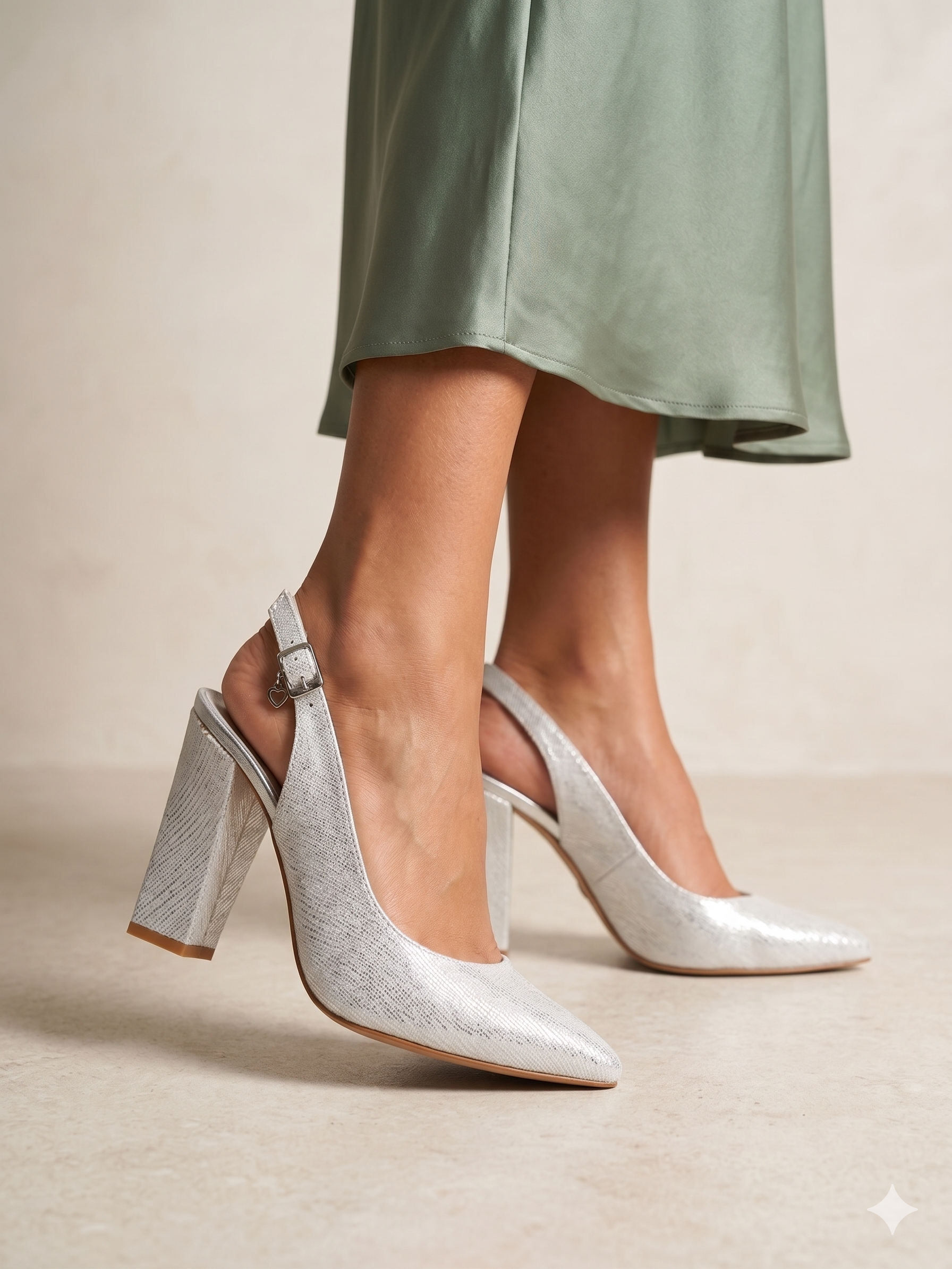 Sapatos de Salto Alto Slingback Prateados com Brilho Macadi; Calçado Feminino Elegante para Noiva e Cerimónia; Escarpins de Salto Grosso Confortáveis com Fivela de Coração Moda Portugal