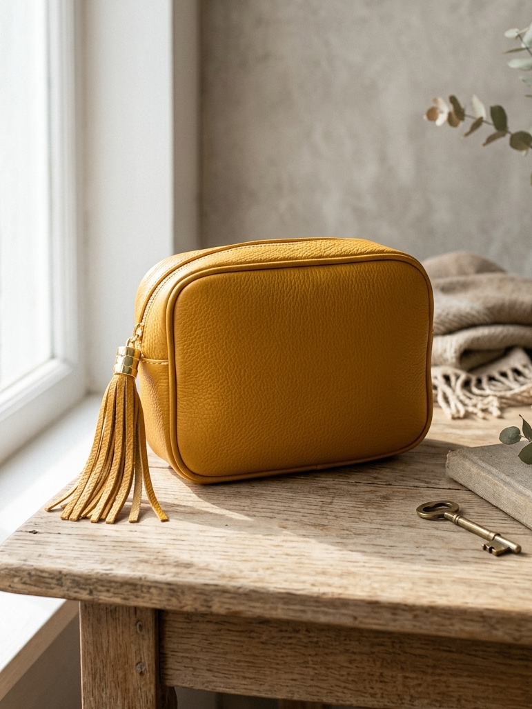 Mala de ombro, mala tiracolo, mala de mão italiana, amarelo mostarda, pele sintética, fecho de correr, alça ajustável removível, detalhe de franja contas douradas, compacta elegante