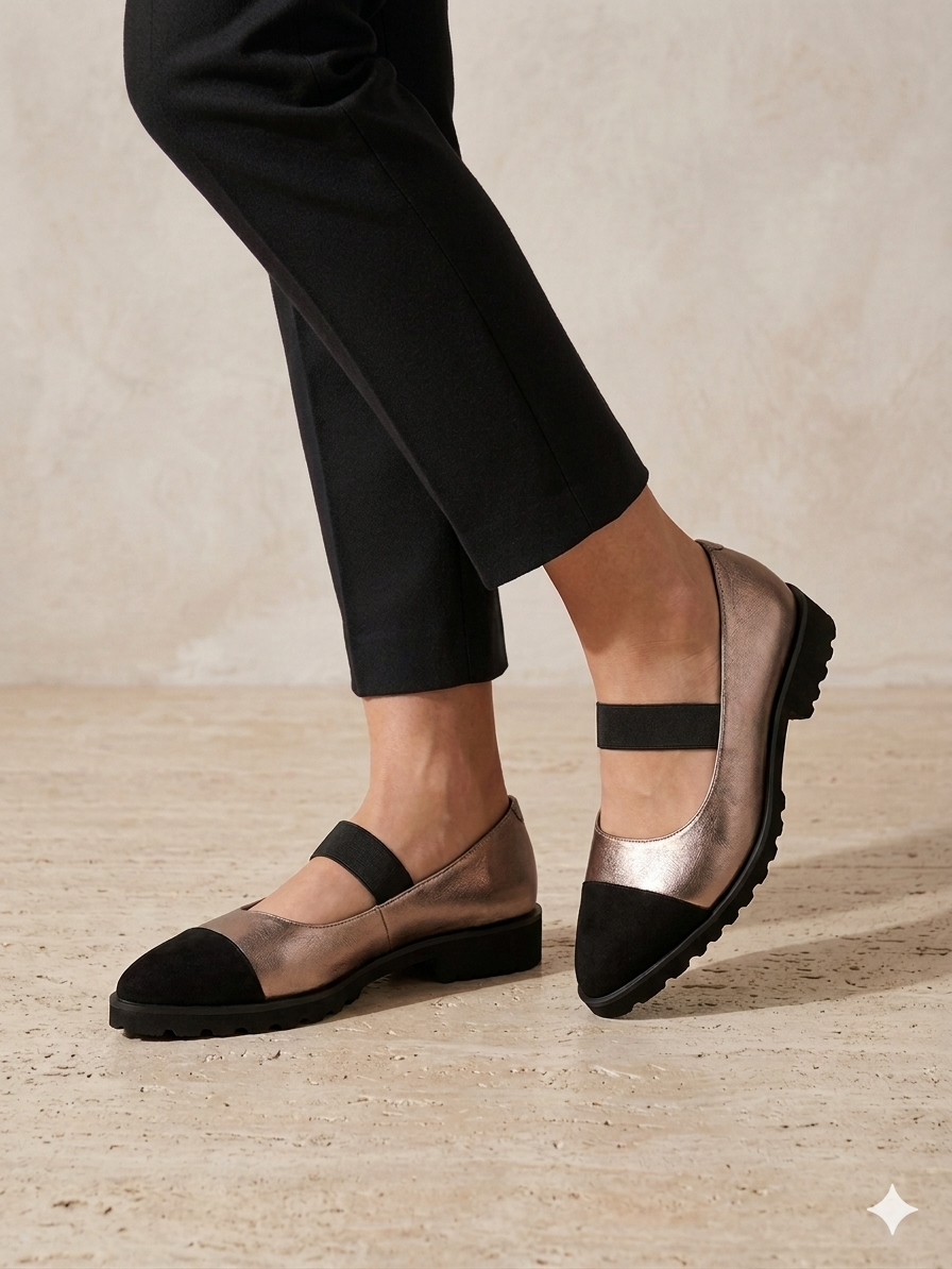 Sapatos Mary Jane Gioseppo em Ouro Rosa e Preto; Sabrinas com Elástico e Sola Tratorada Confortável para Senhora.