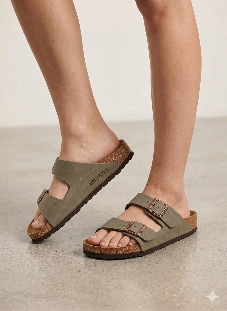 Sandálias Birkenstock Arizona Stone de Camurça Verde cinzento; Chinelos de Cortiça Ergonómicos com Fivelas de Cobre Ajustáveis para Mulher e Homem