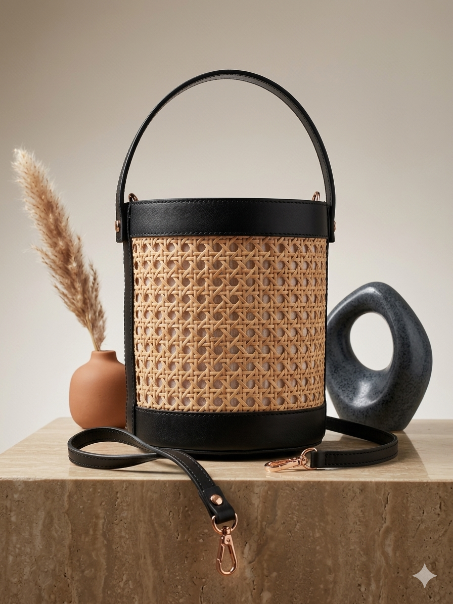 Mala de mão estilo cesto balde em ranhura com detalhes em pele preta, bolsa de palha feminina para verão e praia com alça ajustável removível