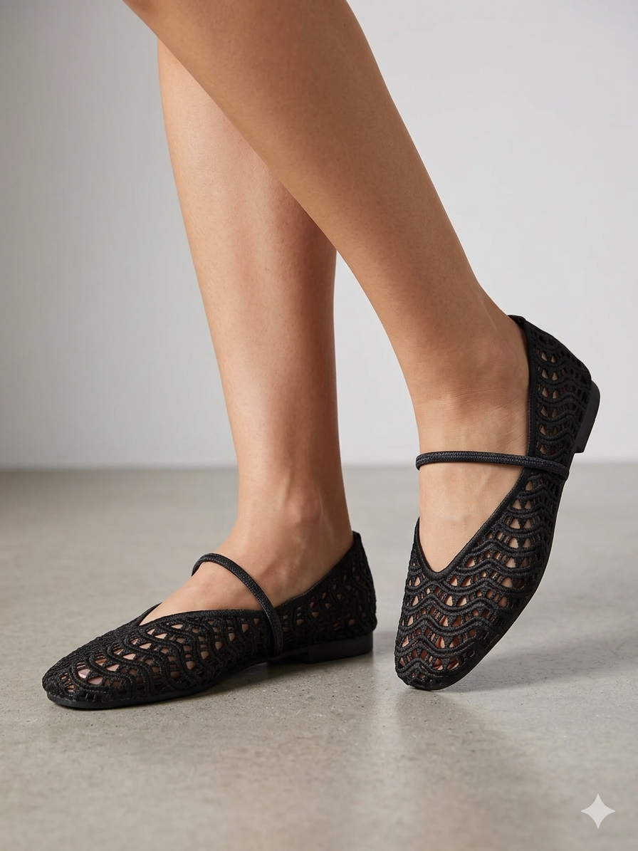 Sapatilhas de senhora em crochê preto Ideal Shoes, sabrinas rasas confortáveis com tira, sapatos casuais de verão respiráveis, novos e elegantes.