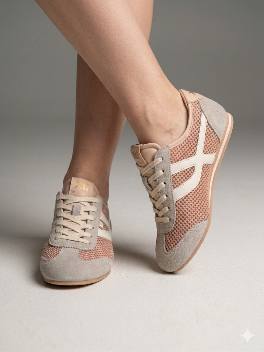 Ténis Femininos Xti em Bege Nude Rose; Sapatilhas Desportivas Urbanas em Malha e Camurça; Calçado Casual Confortável com Detalhes Dourados e Design Moderno