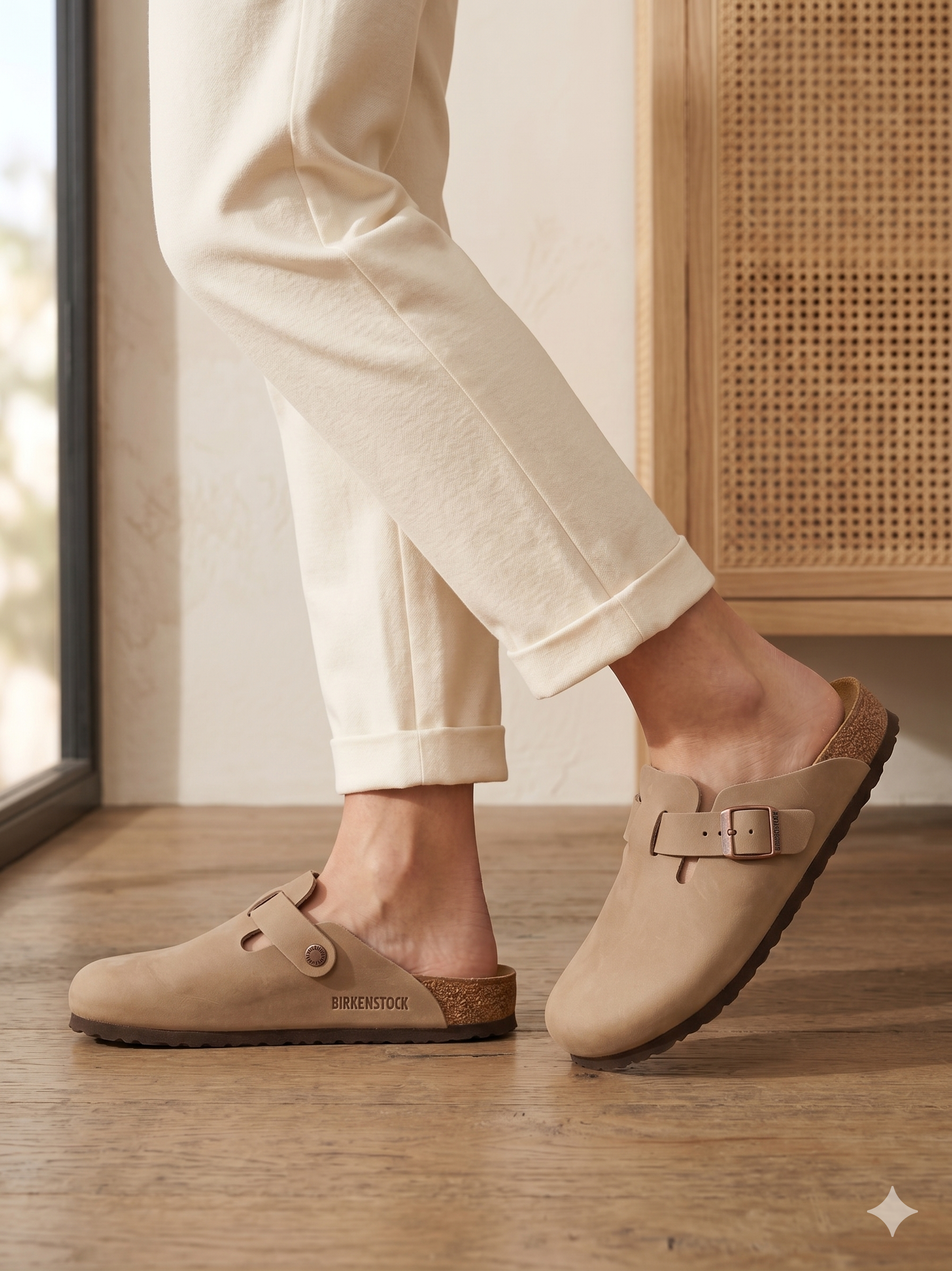 Sapatos Birkenstock Boston BS Tabacco Brown Bege casuais de camurça com fivela ajustável, socos confortáveis com sola de cortiça ergonómica, calçado unissexo estilo clássico para uso diário