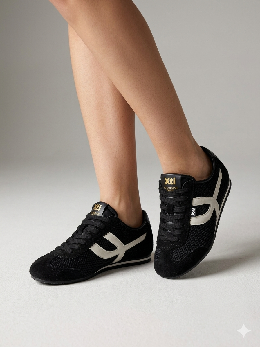 Ténis Femininos Xti em Preto e Branco; Sapatilhas Desportivas Urbanas em Malha e Camurça; Calçado Casual Confortável com Detalhes Dourados e Design Moderno