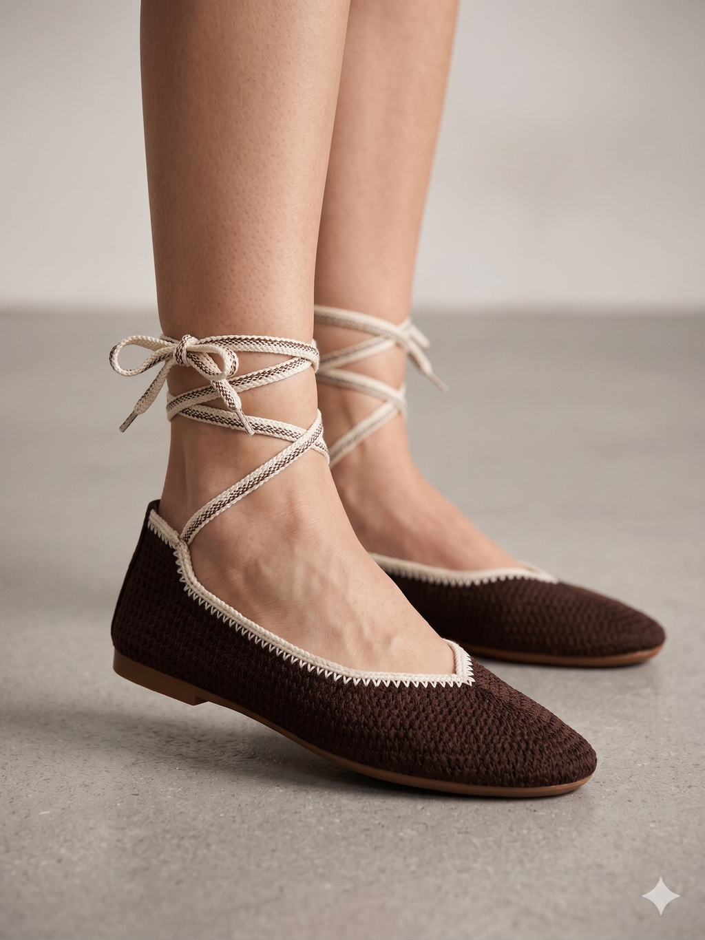 Sapatilhas Rasas Stephan Paris Tipo Alpergata Mulher Castanho Escuro Brown; Sapatos de Atar no Tornozelo bege Estilo Casual em Tecido Entrançado Camurça Confortáveis