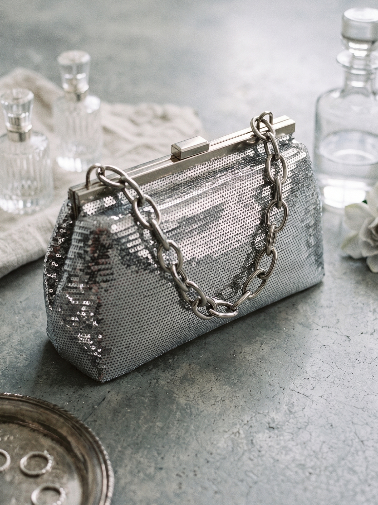 Mala de Mão de Lantejoulas Prateada Mulher; Bolsa Clutch de Festa com Alça de Corrente Metálica; Acessório Elegante de Noite para Cerimónia e Casamento