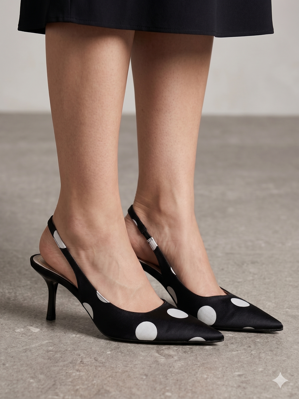 Sapatos de salto médio Corina slingback com padrão de bolas pretas e brancas; sapatos de bico fino elegantes; calçado salto fino agulha feminino para festas e cerimónias