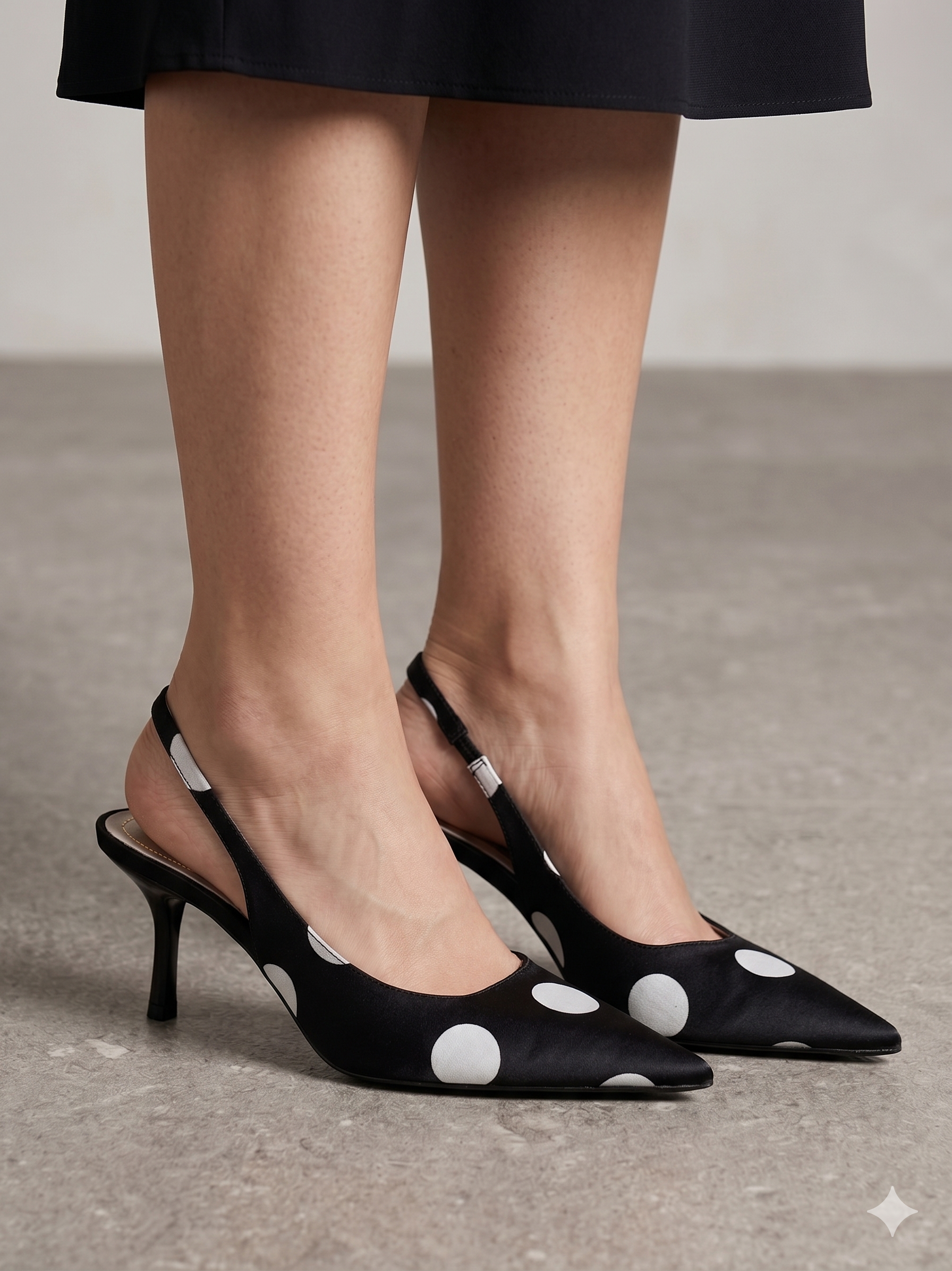 Sapatos de salto médio Corina slingback com padrão de bolas pretas e brancas; sapatos de bico fino elegantes; calçado salto fino agulha feminino para festas e cerimónias