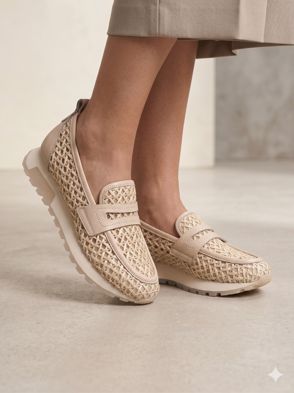 Sapatos Moccasins Femininos Hispanitas em Ráfia Entrelaçada Bege, Ténis de Verão com Sola de Plataforma Confortável, Calçado Casual e Elegante de Estilo Slip-on para Senhora.