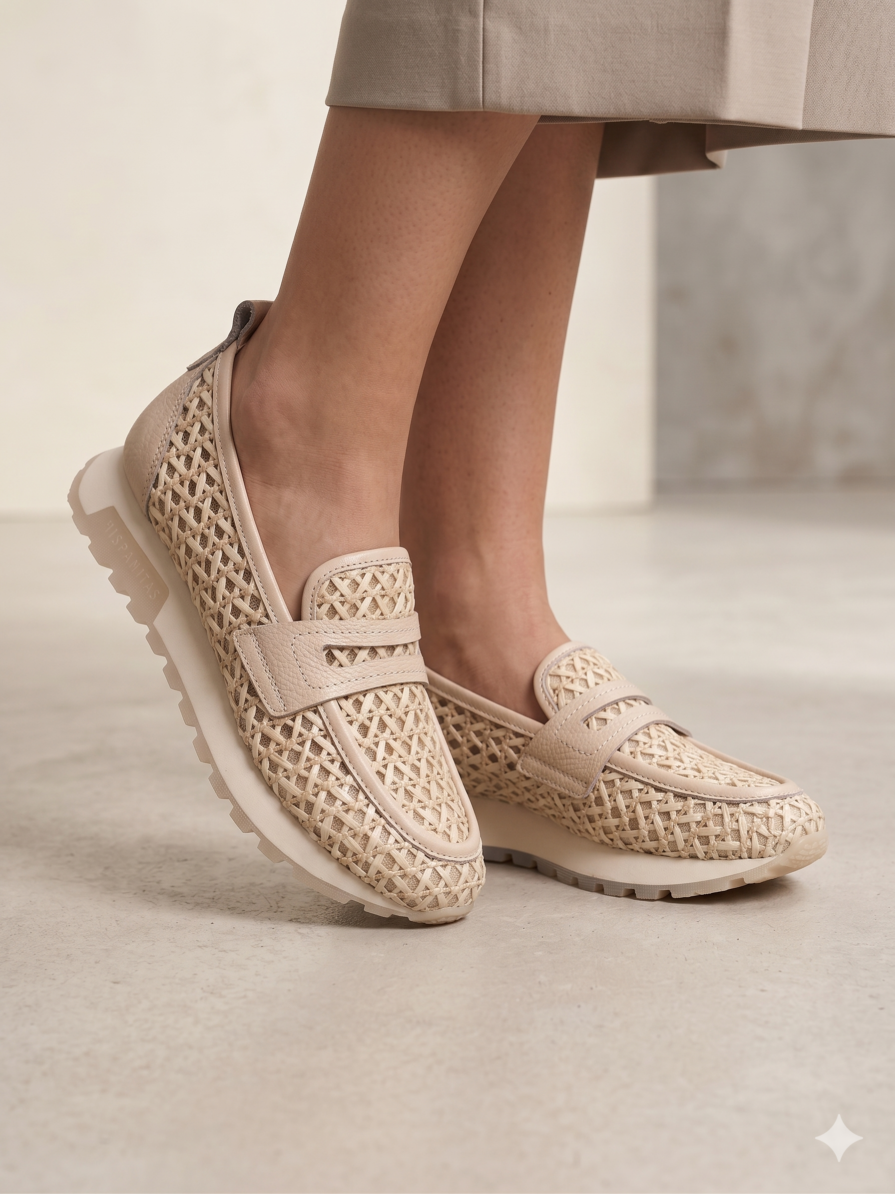 Sapatos Moccasins Femininos Hispanitas em Ráfia Entrelaçada Bege, Ténis de Verão com Sola de Plataforma Confortável, Calçado Casual e Elegante de Estilo Slip-on para Senhora.