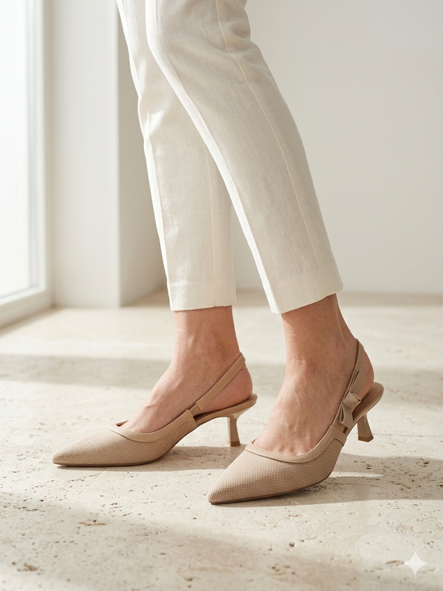 Sapatos de Salto Médio Slingback Femininos em Bege Apricot Buonarotti, Sandálias de Biqueira Fina com Detalhe de Laço, Calçado Elegante e Confortável para Eventos e Dia a Dia