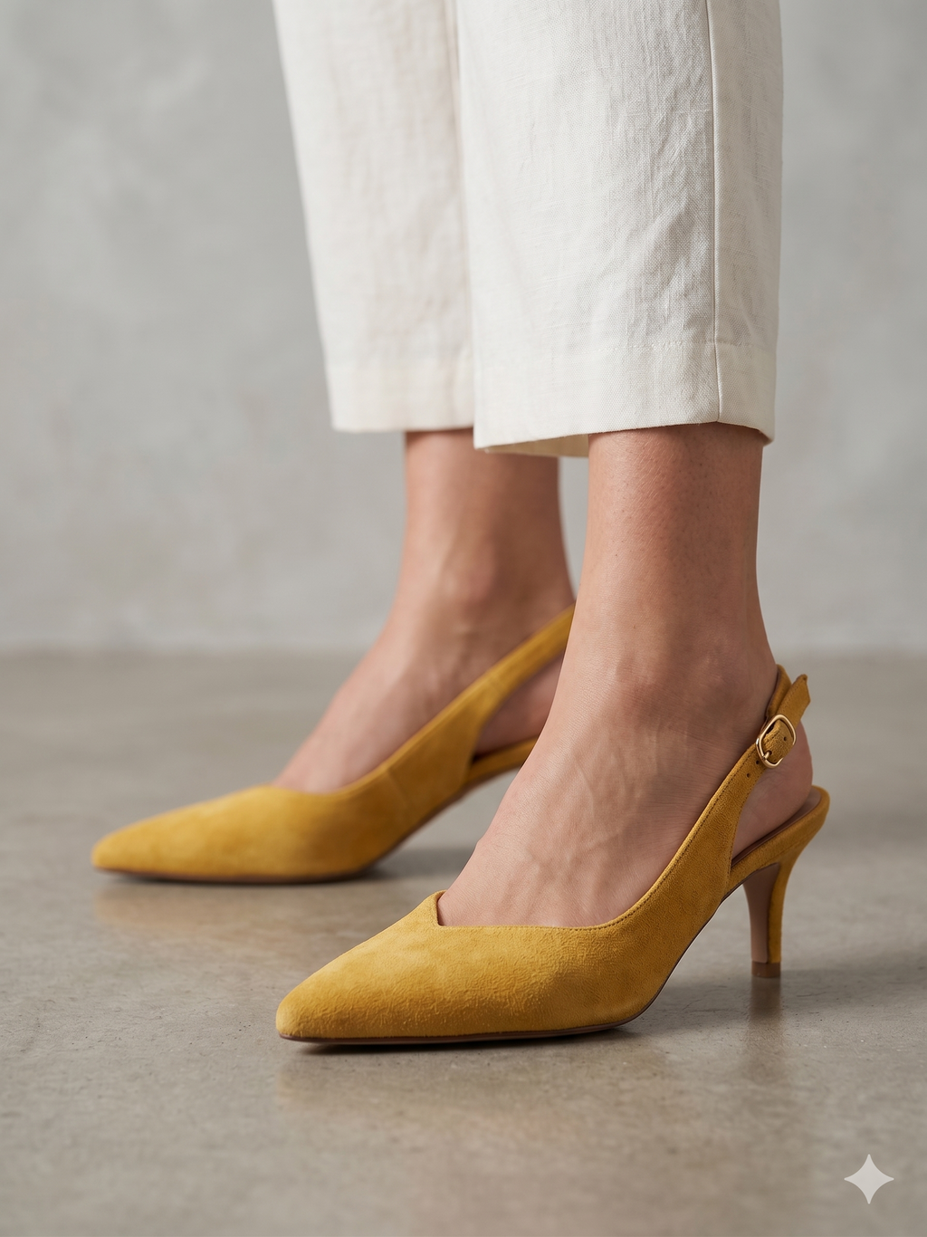 Sapatos de senhora slingback em camurça amarelo torrado Azarey; sapatos de salto agulha médio com biqueira fina e fivela; calçado elegante para cerimónia ou eventos sociais